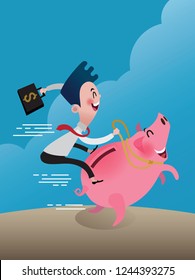 Young businessman Carry a purse Happily Ride on pink piggy back. vector cartoon