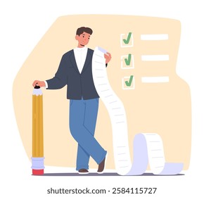 Young businessman cartoon character checking productive daily job routine schedule reading to-do list business plan feeling satisfaction after successfully completed tasks vector illustration