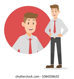 Young businessman cartoon character design, Inside the circle logo concept, Isolated against white background

