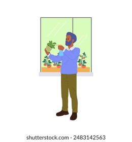 Young businessman cartoon character growing seedlings on home office window vector illustration