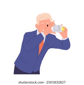 Young businessman cartoon character holding digital camera shooting photographing sightseeing