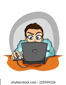 Young businessman in cartoon style working on computer