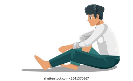 Young businessman in casual clothes sitting on the floor with shadows cast on it. Sit down and think about something. Having some time to yourself in your free time.Isolated white background.