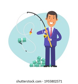 Young businessman caught wad of money on fishing rod. Vector characters. Vector Illustration