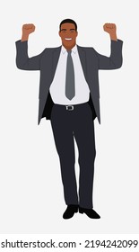 Young businessman celebrating the victory with his arms in the air and feeling excited. Handsome male character wearing formal suit. Cartoon style vector realistic illustration isolated on white.