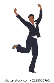 Young businessman celebrating the victory with his arms in the air and feeling excited. Handsome male character wearing formal suit. Cartoon style vector realistic illustration isolated on white.