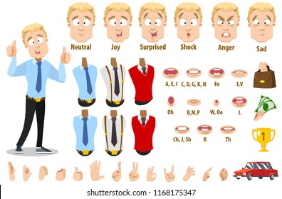 Young businessman character creation collection with various facial emotions, clothes, hand gestures and lips. Personage constructor for custom animation. Male clerk creation set vector illustration.