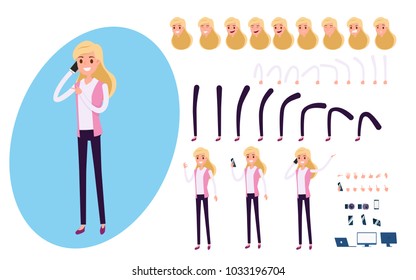 Young Businessman character creation set for animation. Set of business woman using smartphone. Parts body template. Different emotions, poses and  running, walking, standing, sitting. Cartoon Vector 