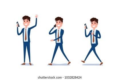 Young businessman character design. Set of guy acting in suit using smartphone ,talking via phone and making selfie in various poses happy emotional. Different emotions and poses. Cartoon Vector Illus