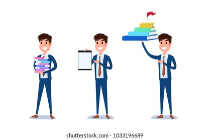 Young businessman character design. Set of guy acting in suit working in office, Different emotions, poses and running, walking, standing, sitting. Cartoon Vector Illustration.