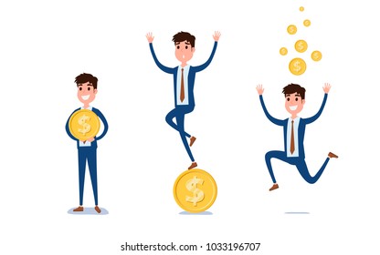 Young businessman character design. Set of guy acting in suit with money, Different emotions, poses and running, walking, standing, sitting. Cartoon Vector Illustration.