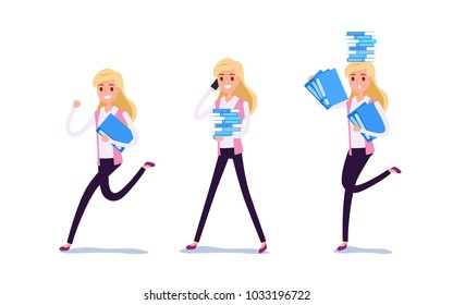 Young businessman character design. Set of business woman acting in suit working in office, Different emotions, poses and running, walking, standing, sitting. Cartoon Vector Illustration.