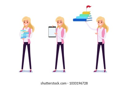 Young businessman character design. Set of business woman acting in suit working in office. Different emotions, poses and running, walking, standing, sitting. Cartoon Vector Illustration.