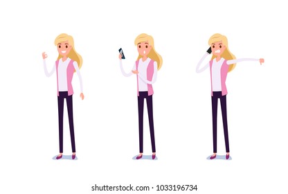 Young businessman character design. Set of business woman acting in suit using smartphone ,talking via phone and making selfie in various poses happy emotional. Different emotions and poses. Cartoon 