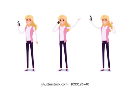 Young businessman character design. Set of business woman acting in suit using smartphone ,talking via phone and making selfie in various poses happy emotional. Different emotions and poses. Cartoon 