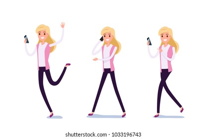 Young businessman character design. Set of business woman acting in suit using smartphone ,talking via phone and making selfie in various poses happy emotional. Different emotions and poses. Cartoon 