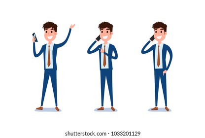Young businessman character design. Set of guy acting in suit using smartphone ,talking via phone and making selfie in various poses happy emotional. Different emotions and poses. Vector Illustration.