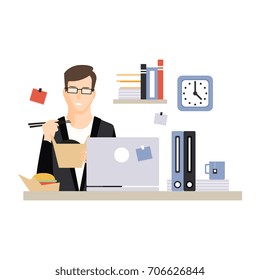 Young Businessman Character Eating Fast Food At His Office Workplace, Daily Life Of Office Employee, Working Moment At Office Vector Illustration