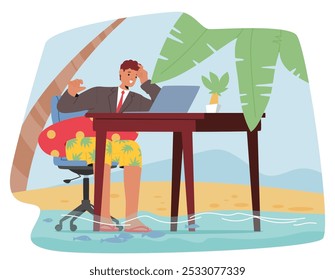 Young Businessman Character Enjoying Remote Work on Vacation Sitting At Desk On Tropical Beach With Laptop And Summer Outfit Conveys Concept Of Blending Work And Leisure In Relaxed Holiday Environment