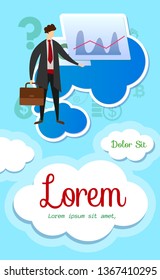 Young Businessman Character in Fashioned Suit Stand on Clouds Pointing with Hand on Growing Chart. Marketing Business Strategy Presentation, Ad Flyer. Cartoon Flat Vector Illustration. Vertical Banner