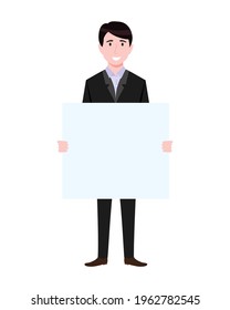 Young businessman character holding placards and standing isolated