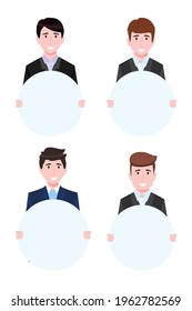 Young businessman character holding placards isolated