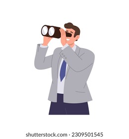 Young businessman character looking through binocular searching for opportunities new business ideas