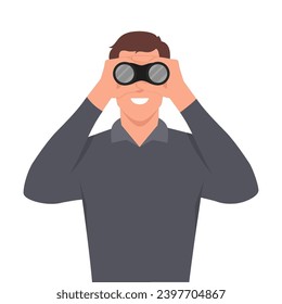 Young businessman character looking through binocular searching for opportunities new business ideas. Flat vector illustration isolated on white background
