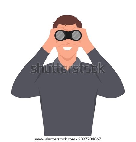 Young businessman character looking through binocular searching for opportunities new business ideas. Flat vector illustration isolated on white background