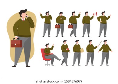 Young businessman character set, vector flat illustration