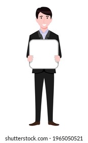 Young businessman character wearing wearing business outfit mask and standing with blank placard