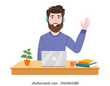 Young businessman character wearing business outfit working on desk with laptop microphone headphone and waving