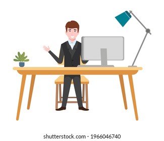 Young businessman character wearing business outfit setting on desk with desktop lamp and plant 