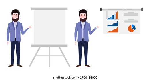 Young businessman character wearing business outfit doing different actions standing with sales presentation board