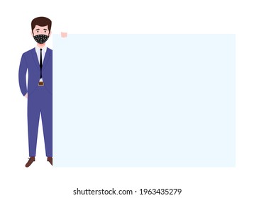 Young Businessman Characters Wearing Buisness Outfit And Facial Fabric Mask Standing Behind Blank Board