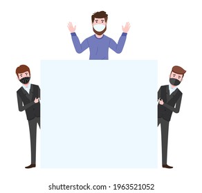 Young businessman characters wearing business outfits and facial fabric mask standing behind blank board and waving