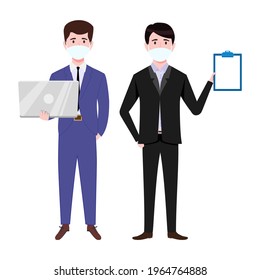 Young businessman characters wearing business outfit and facial mask standing with laptop and clipboard