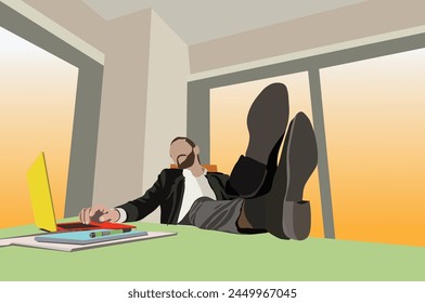 Young Businessman Chilling And Relaxing At Workplace In Modern Office. He Is Sitting With Legs Up On Desk And Looking At Laptop.eps