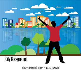 Young businessman with city background