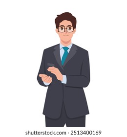 Young businessman claps his hands. Gesture of admiration. Flat vector Character illustration