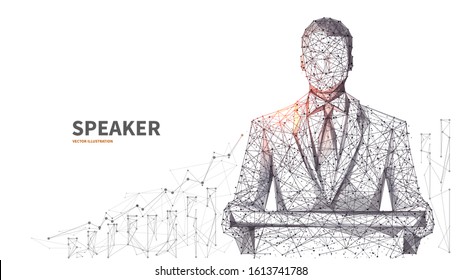 Young businessman in classic suit. Equipped place for the speaker. Business conference and business meeting concept. Isolated low poly wireframe digital vector illustration on white background. 
