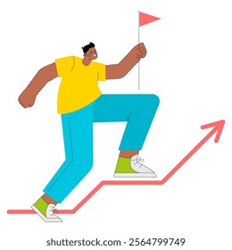 Young businessman climbing a success graph, reaching for the goal. Achievement and progress concept. Vector illustration.