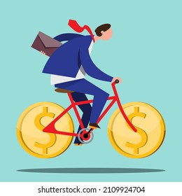 Un joven empresario que viaja al trabajo en bicicleta El tráfico en la ciudad proporciona una ruta para que la gente viaje en bicicleta. Diseño de ilustración de vector plano