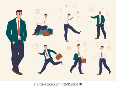 Young Businessman, Company Employee, Entrepreneur Character Waiting for Meeting, Late on Work, Walk with Briefcase and Jacket on Hand, Calling Partners Isolated, Trendy Flat Vector Illustrations Set