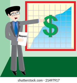 Young businessman with company report speak about profit diagram (plot).