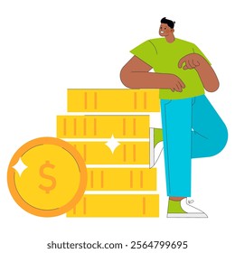 Young businessman concept. A confident entrepreneur stands beside gold coins, representing financial success and wealth accumulation. Vector illustration.