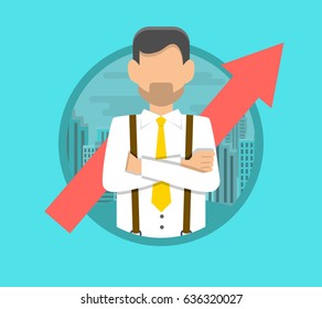 Young businessman concept confident progress. Young businessman with the arrow.