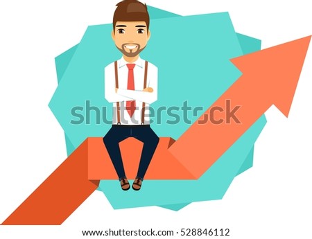 Young businessman concept confident progress. Young businessman sitting on the arrow. Happy guy.