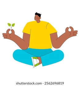 Young businessman concept. Illustrated entrepreneur practicing mindfulness with a growing plant, embodying growth and sustainability. Vector illustration.