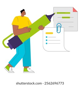 Young businessman concept. An innovative professional crafts big ideas with a giant pen on documents, representing strategic planning. Vector illustration.